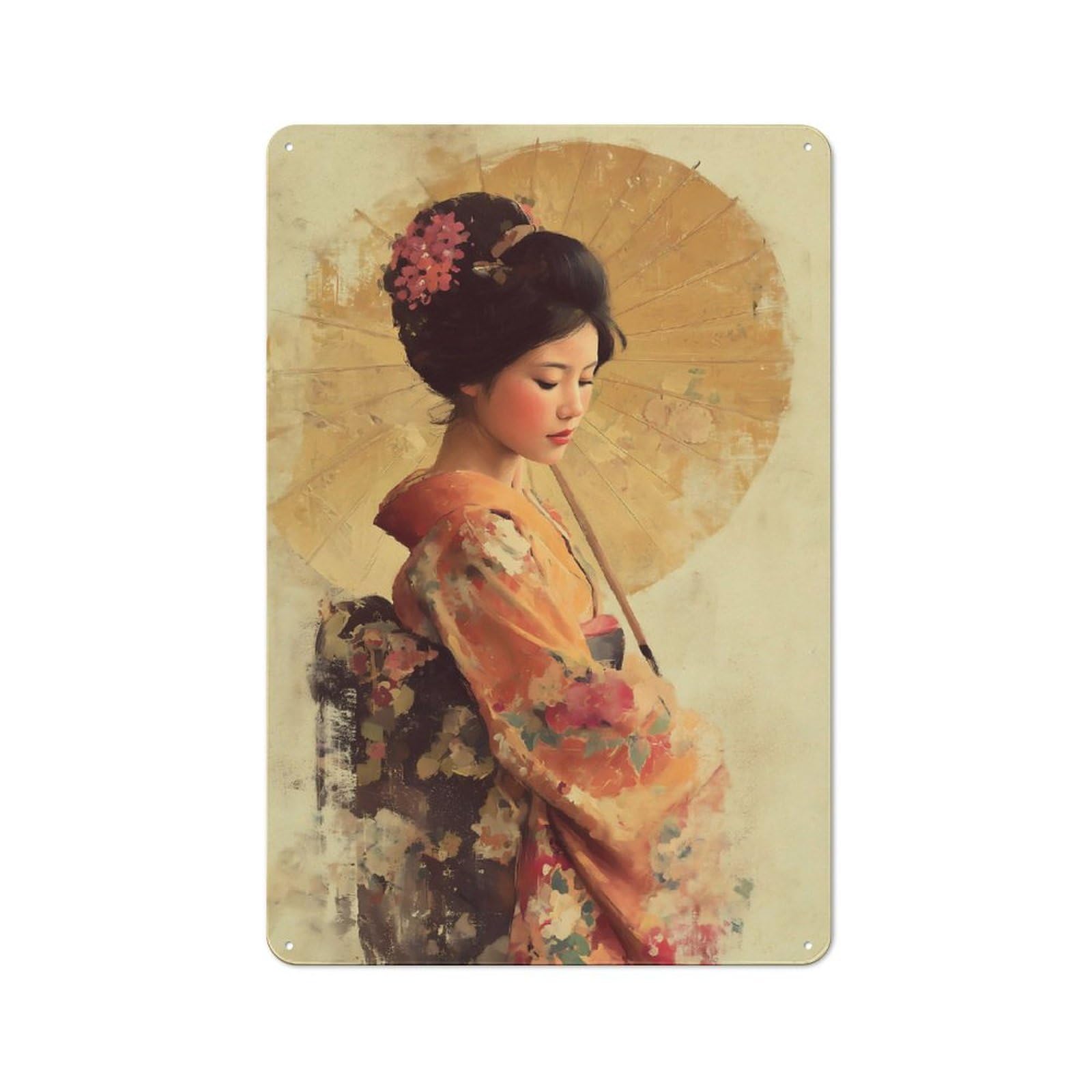 Geisha with Umbrella Painting Vintage Metal Wall Decor 30x20cm, Tin Sign for Cafe, Pub, Workshop Or Home Bar, for Casual British Interiors