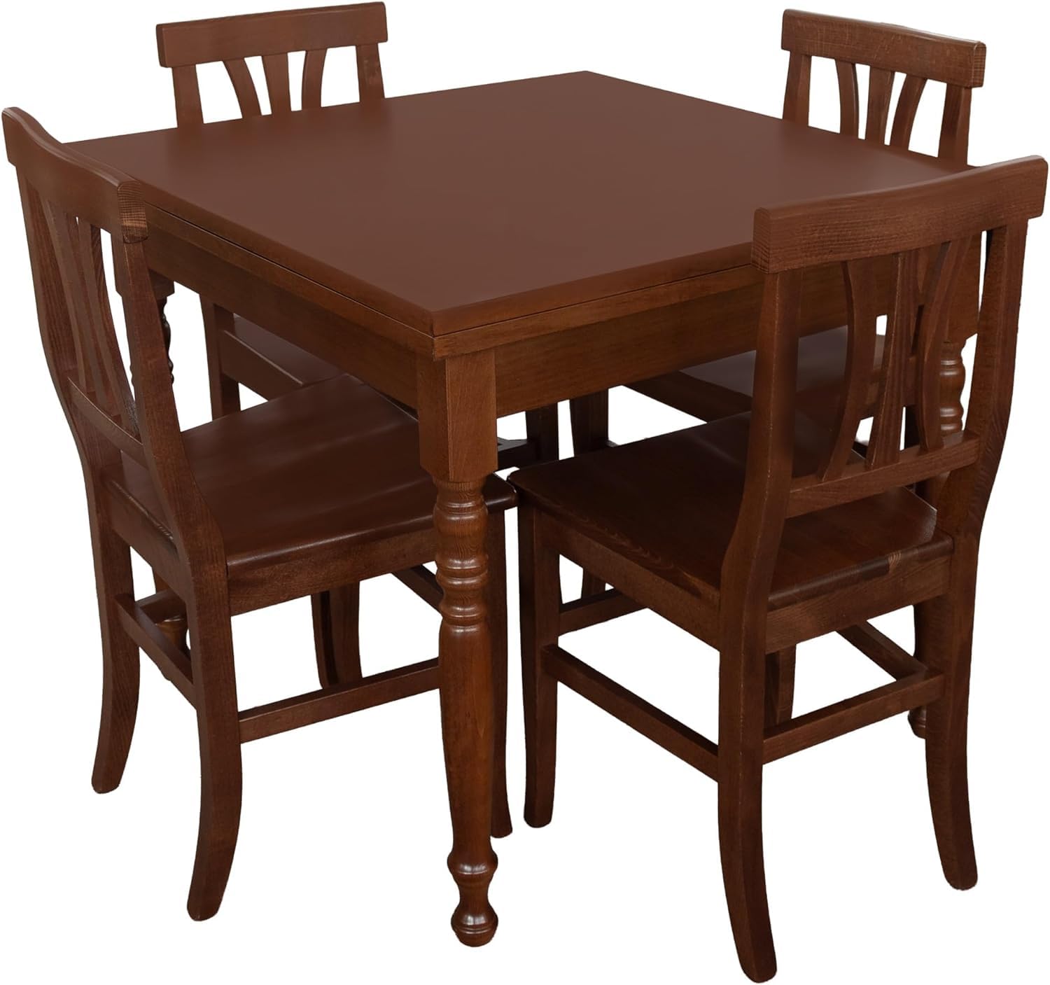 Vicentini arreda TAVOLO ALLUNGABILE A LIBRO CON GAMBE TORNITE IN LEGNO ARTE POVERA CON 4 SEDIE PIERA LEGNO NOCE (100x100 (200))
