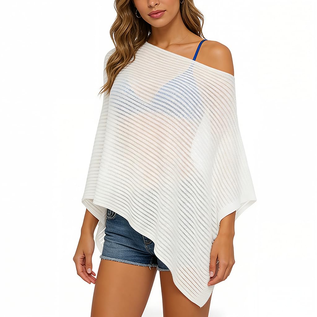 sannidhi Women's Plus Size Sheer Poncho Top Long Sleeve Crochet Knitted Off The Shoulder Cover Up Tops Beachwear for Beach Clothing-picture-9