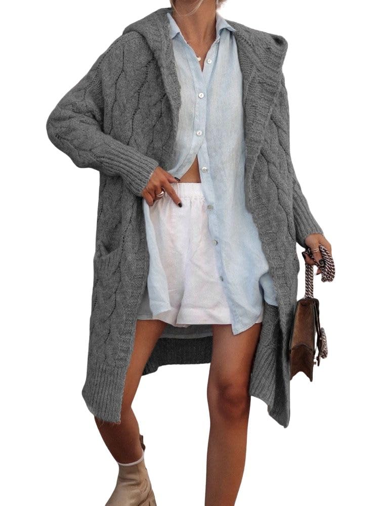 chouyatou Womens Cable Knit Hooded Long Cardigans Open Front Slouchy Cardigan Sweater Trench Coat Jacket with Pockets