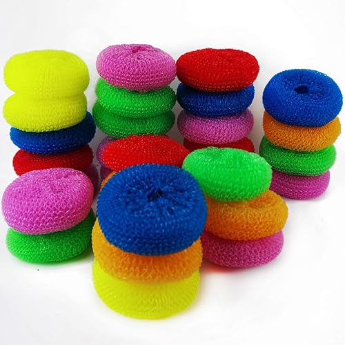Miniatura 4 de TIHOOD 30 almohadillas para fregar platos que no rayan, almohadilla redonda para fregar platos, varios colores, herramientas de limpieza de cocina,