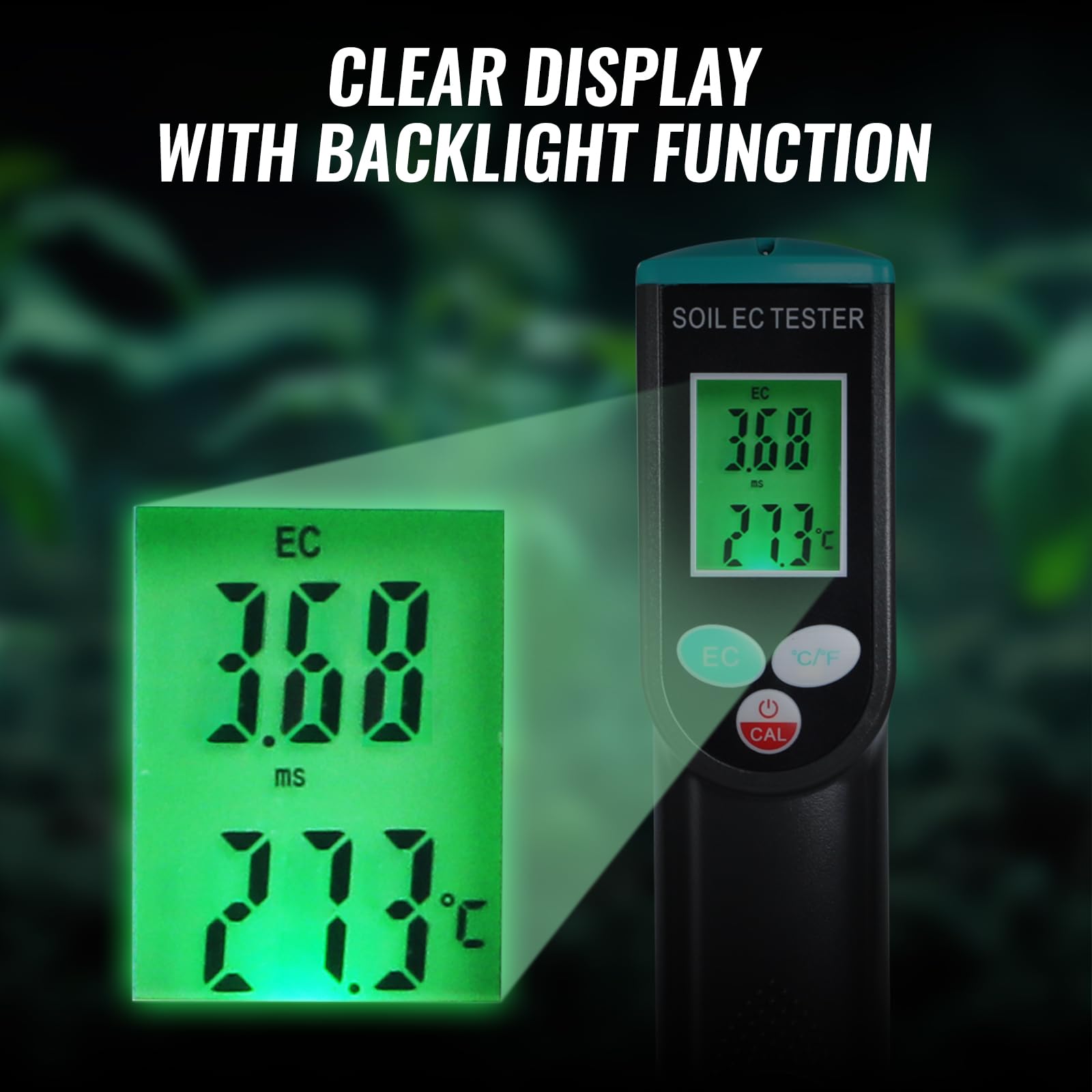 TEKCOPLUS Medidor digital de suelo con sensor Corde, medidor de temperatura y CE de suelo 2 en 1 con función ATC, fácil calibración, medidor EC portátil LCD retroiluminado para plantas, jardinería