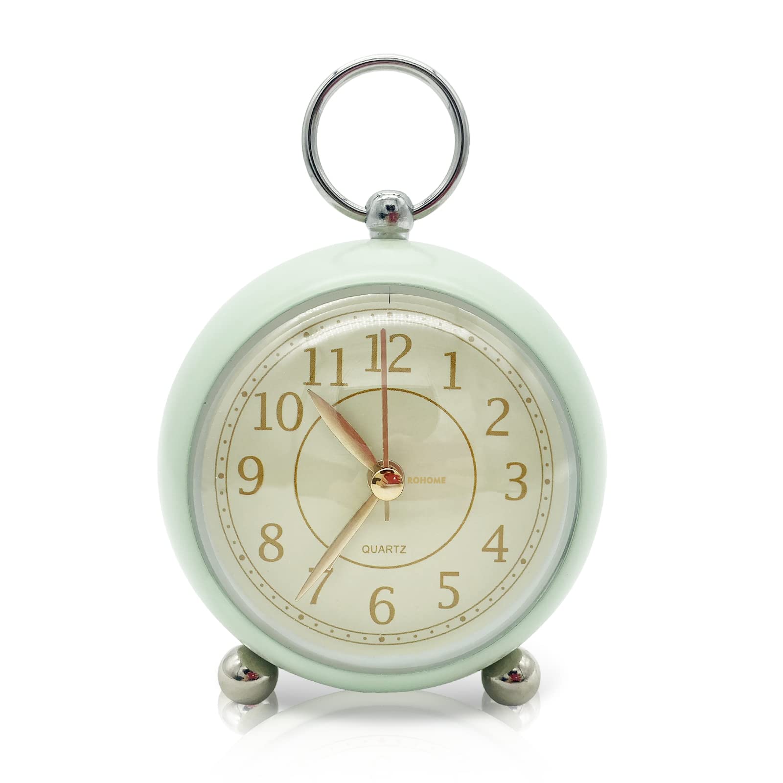Rohome Vintage Small Alarm Clock with Night Light, Green, Silent Quartz Movement, Non-Ticking, Decorative, for Bedside Table, Desk, Kitchen, Bedroom,