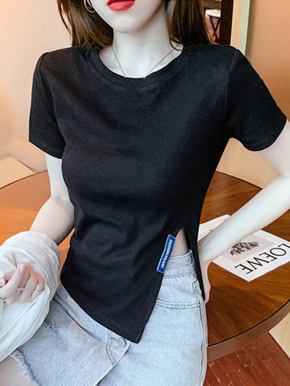 FDIO T Shirts for Womenwomen'S T-Shirts Round Neck Slim Fit Slit Short Sleeve Blouses Black Summer Leisure Sport Going Out Tops for Girls Womens