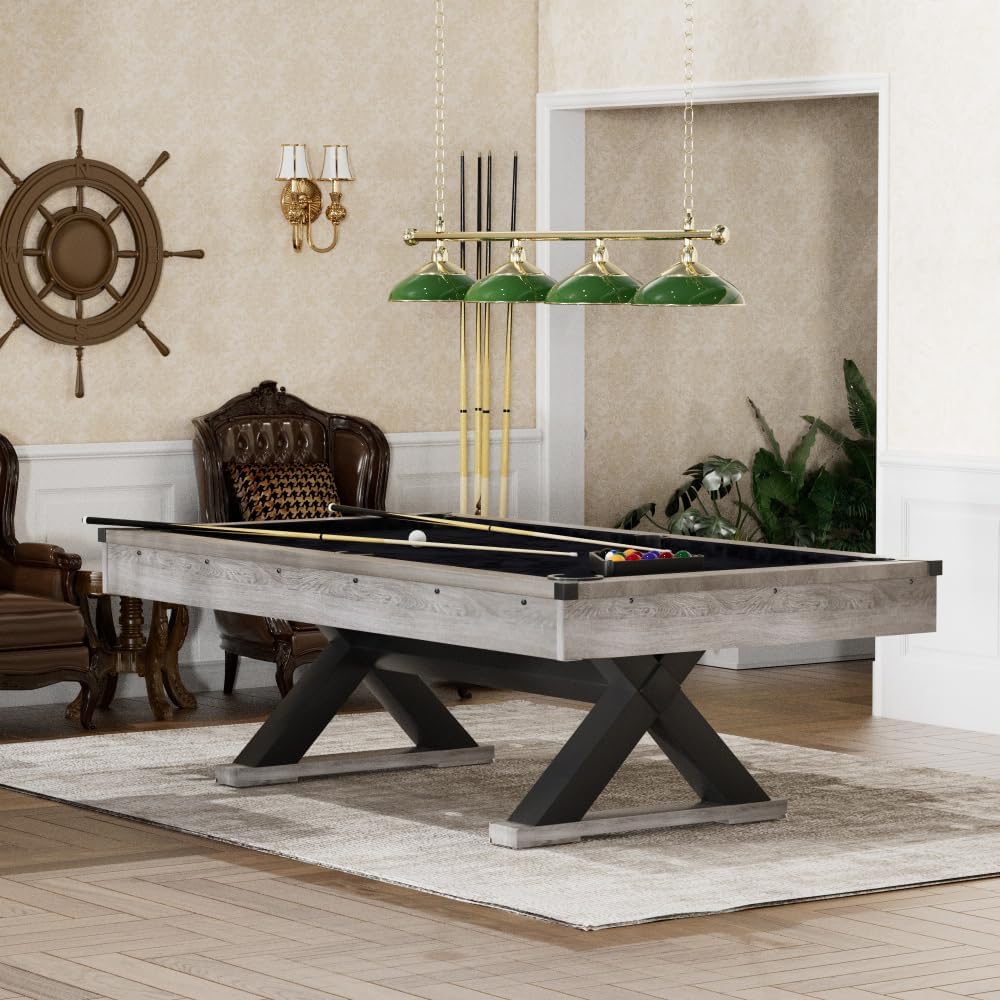 84" Pool Table with Billiard Balls, Cues, Pool Cue Chalk, Cleaning Brush, X-Legs, Black and Rustic Grey, 84.1" L x 46.5" W x 32" H