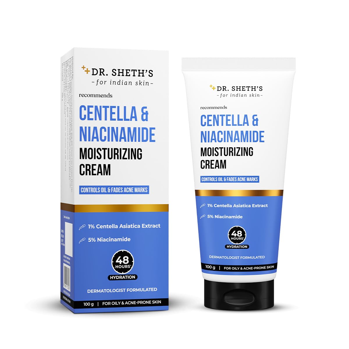 Dr. Sheth's Centella And Niacinamide Moisturizing Cream | For Oily & Acne Prone Skin | Fades Acne Marks & Controls Excess Oil | 48-Hour* Hydration | Lightweight, Fast Absorbing & Non-Sticky | 100G