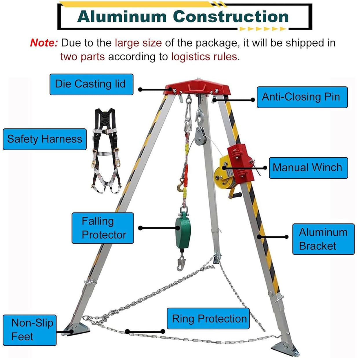 Aluminum Alloy Rescue Tripod Kit, 1200LBS/1800LBS Winch Fall Protection Syste, Confined Space Tripod Kit With Hand Winch & Fall Arrester, For Cellar/Flue/Wellhead,1800LBS