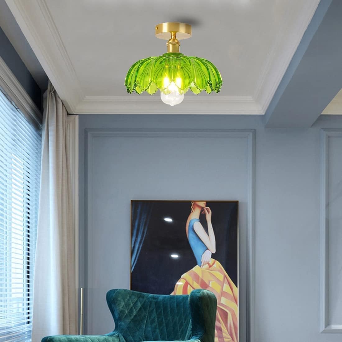 Luxury Brass Ceiling Light Fixture with Glass Shade, Modern Semi-Flush Mount Ceiling Lamp for Bedroom, Hallway, Kitchen, Bathroom - White, E27 Base, 110V