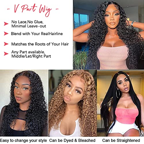 Fuduete Curly V Part Wig Human Hair Upgrade U Part Human Hair Wigs For Black Women Deep Curly Brazilian Human Hair Wigs 180% Density V Part Wigs No Glue No Sew In Natural Color(20Inch, Curly V Part Wig) #TOP3