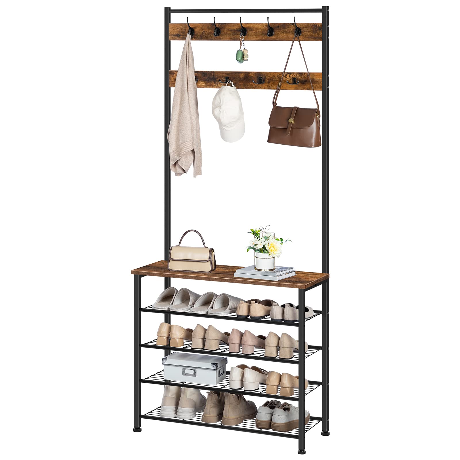 HOOBRO Garderobenständer, Schuhregal mit Garderobe, Kleiderständer mit Schuhablage, Schuhschrank mit 5 Ebenen, für Flur, Dunkelbraun EBF80MT01G2