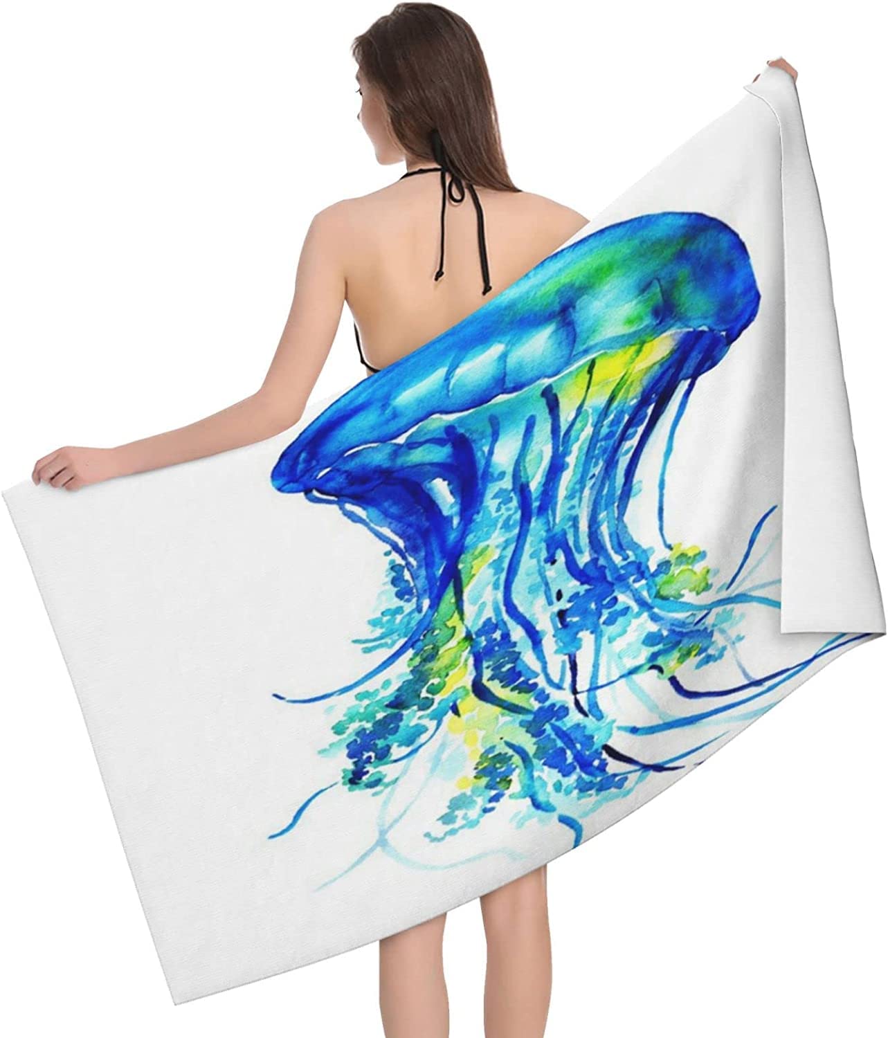 LSRCPD Blue Watercolor Jellyfish Beach Towel Highly Absorbent Microfiber Beach Blanket Soft Bath Towels 80X130 CM