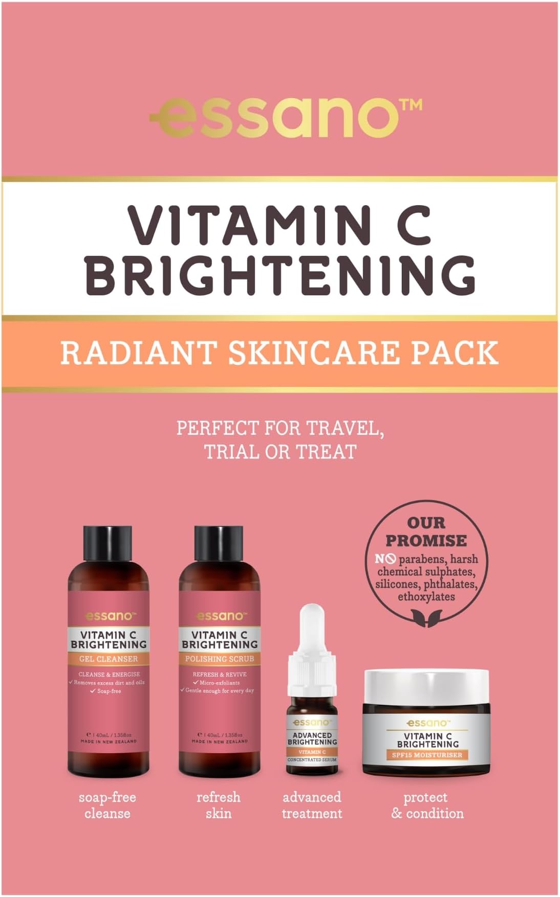 Vitamin C Skin Care Set, Radiant Skincare Pack with Gel Face Cleanser (40ml), Exfoliating Face Scrub (40ml), Facial Serum (3ml), SPF15 Moisturizer (10g), For Travel or Trial, Cruelty Free