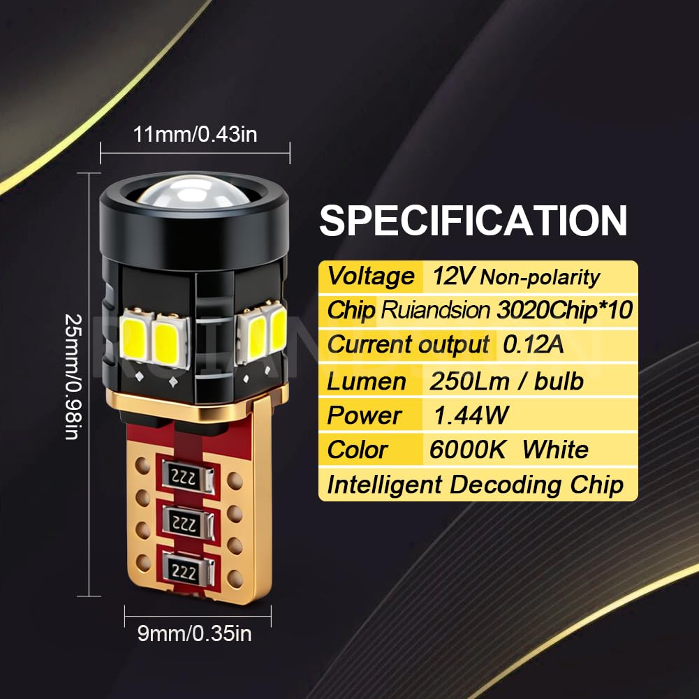 Ruiandsion T10 LED 12V per Luce Interna 6000K 250LM Super Luminoso 10 Pezzi | Kit completo per plafoniera, mappa, baule e vano guanti. Illuminazione bianca pura. Alloggiamento in alluminio.