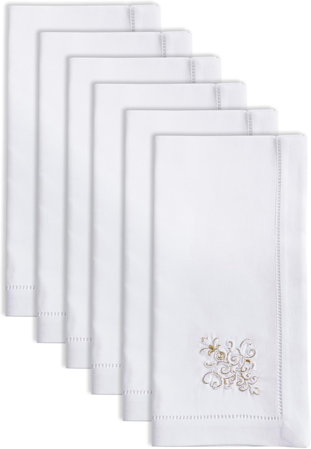 Handmade Festive Holiday Ornament Embroidery Napkin with Hemstitched Border (Set of 6)