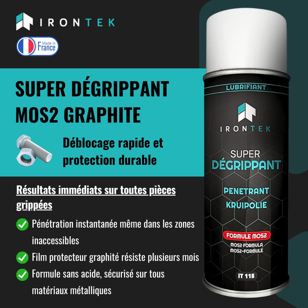 Dégrippant Lubrifiant Pro MoS2 Graphite 400ml - IRONTEK | IT115 | Action Rapide Pénétrante | Débloque Pièces Grippées