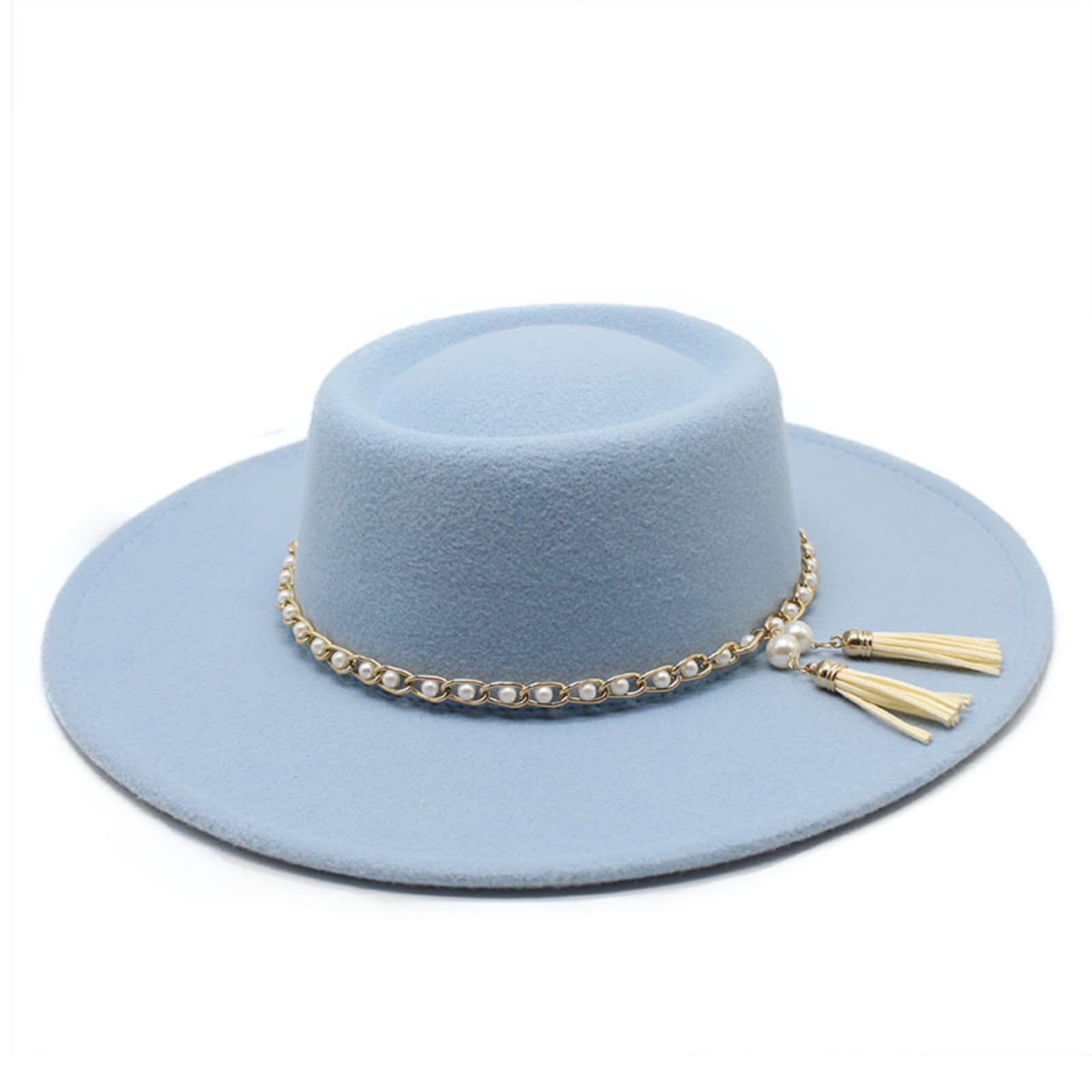 Women Wide Brim Fedora Hat British Style Wide Brim Top Fedora Hat with Pearl Chain Wedding Dress Up Jazz Cap Boater Hats (Blue, ONE Size)