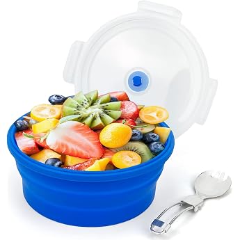 1200ml Large Collapsible Lunch Bowl Silicone Food Container with Foldable 2 in 1 Fork and Spoon Space Saving Camping Bowls Safe in Microwave and Freezer Blue