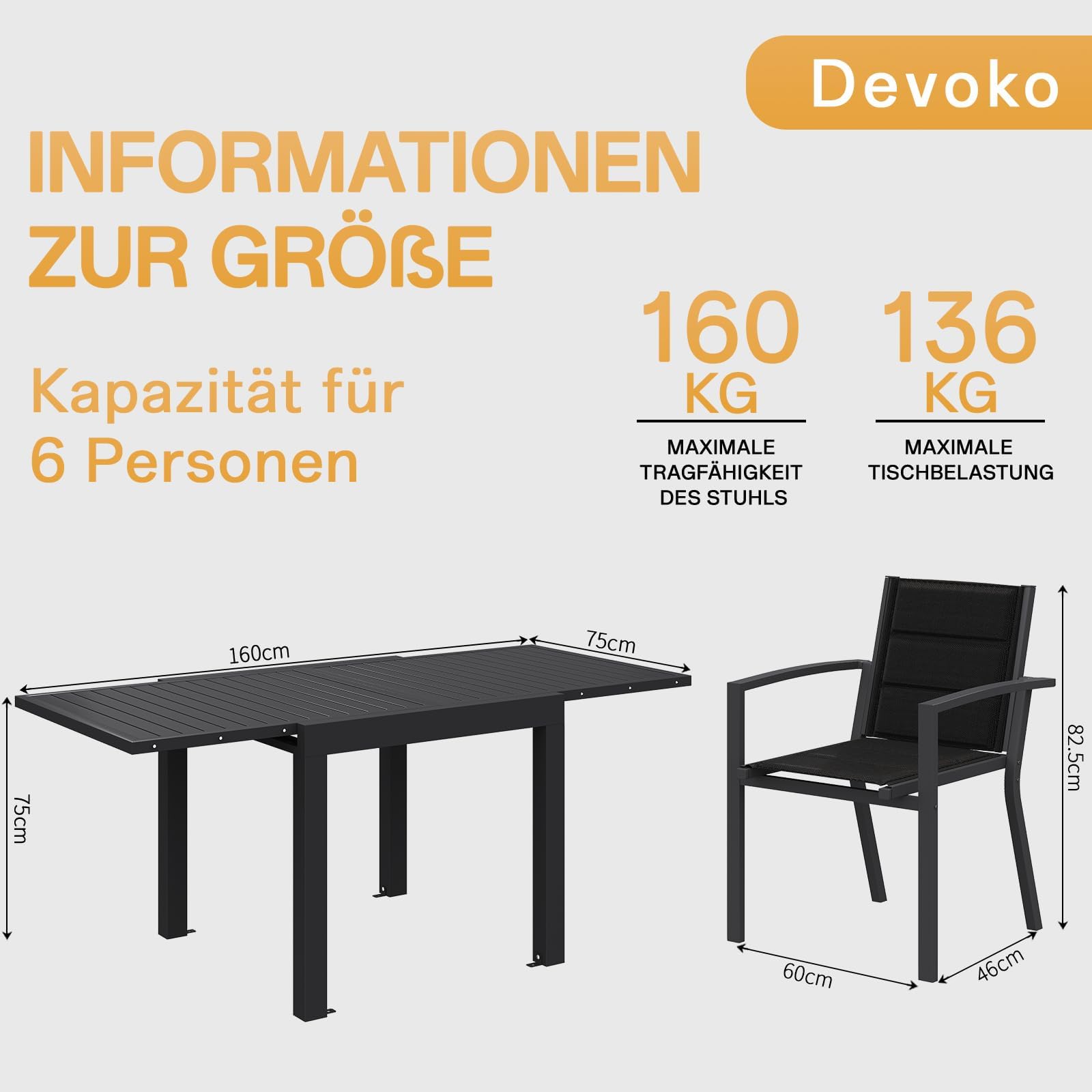 Devoko Gartenmöbel Set 6 Personen,6+1 Aluminium Tisch und Stühle Set Balkonmöbel, 6 Stapelbare Gartenstühle und 1 80/160 cm Dehnbarer Gartentisch,Terassen möbelsets außen Lounge, Dunkelgrau