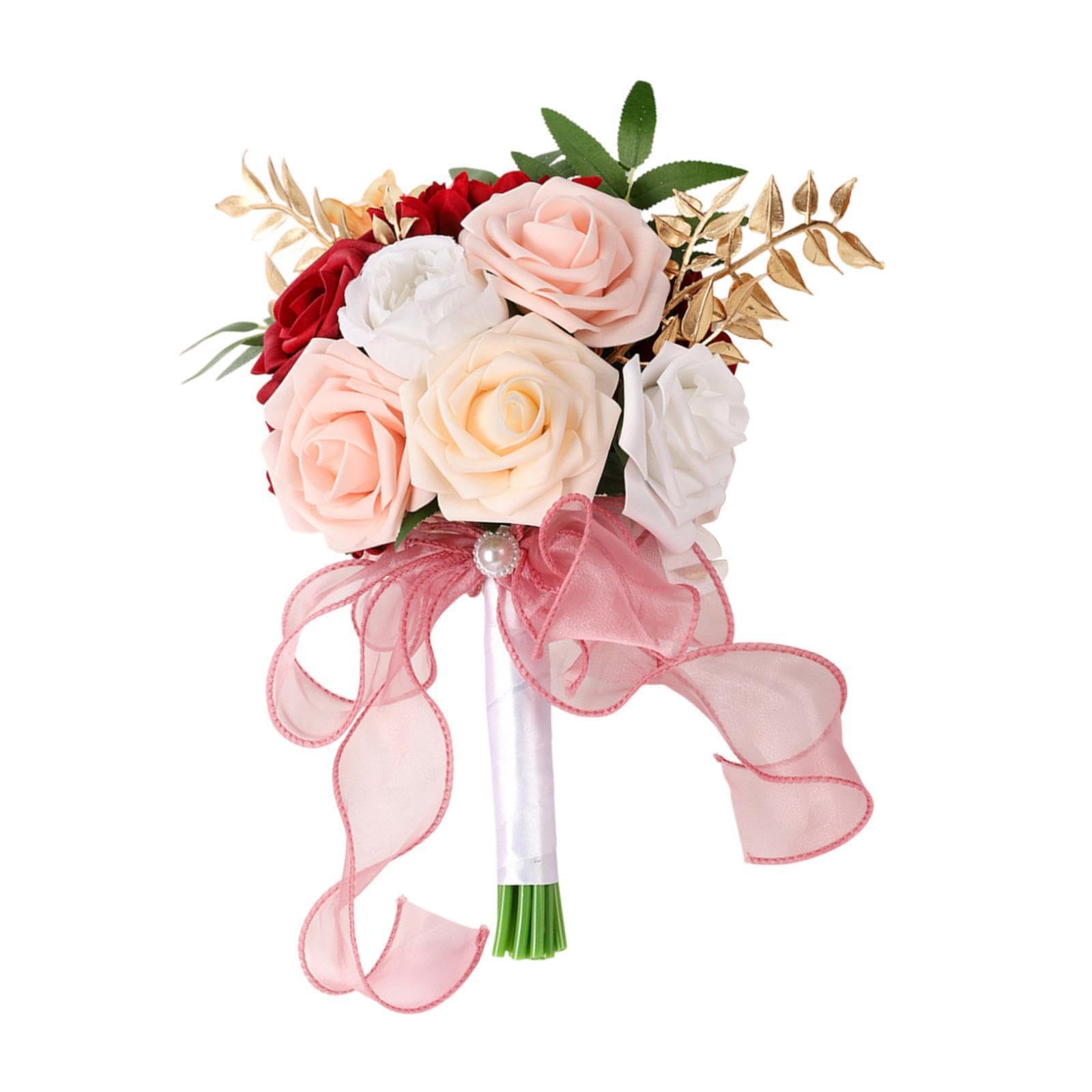 Alcxazs Red Brides Bridesmaid Bouquet Looks Lifelike Silky Bride Bouquets Elegant Wedding Flowers Bouquets Beautiful Hand Hold Arrangements Rustic Events, Height 29Cm