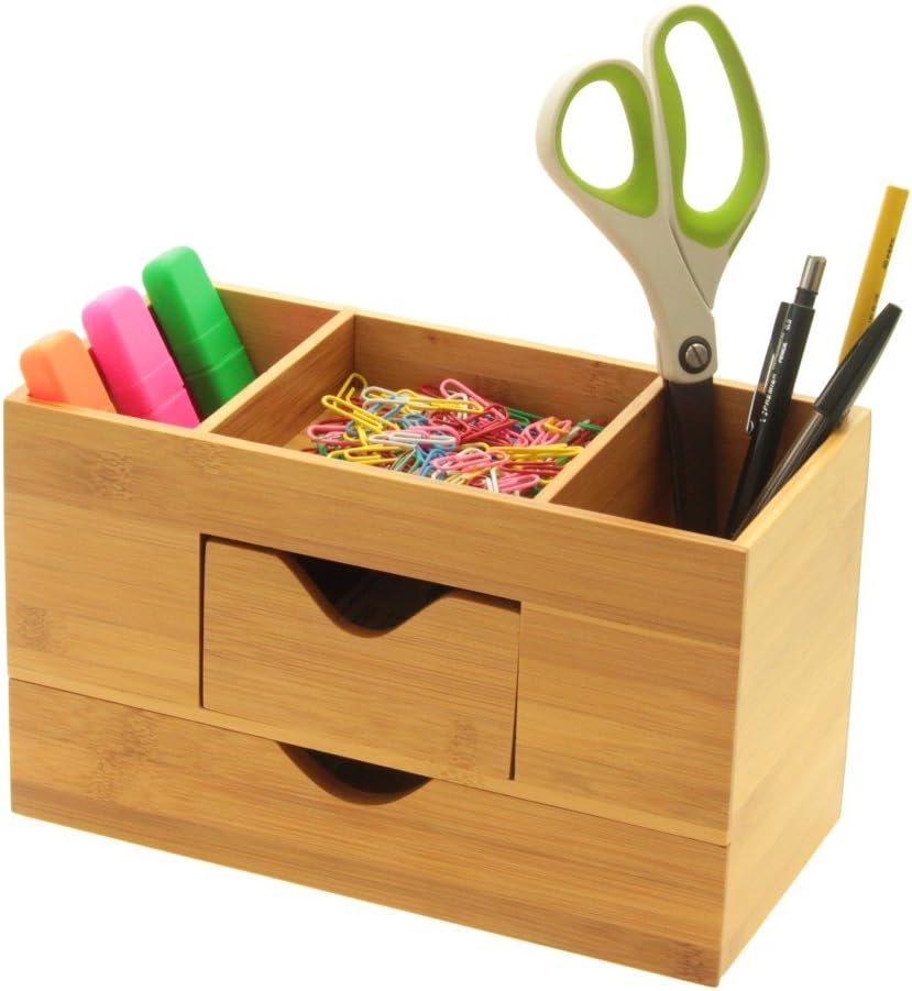Desk Organiser Tidy, Stationery Box Made of Natural Bamboo Wood