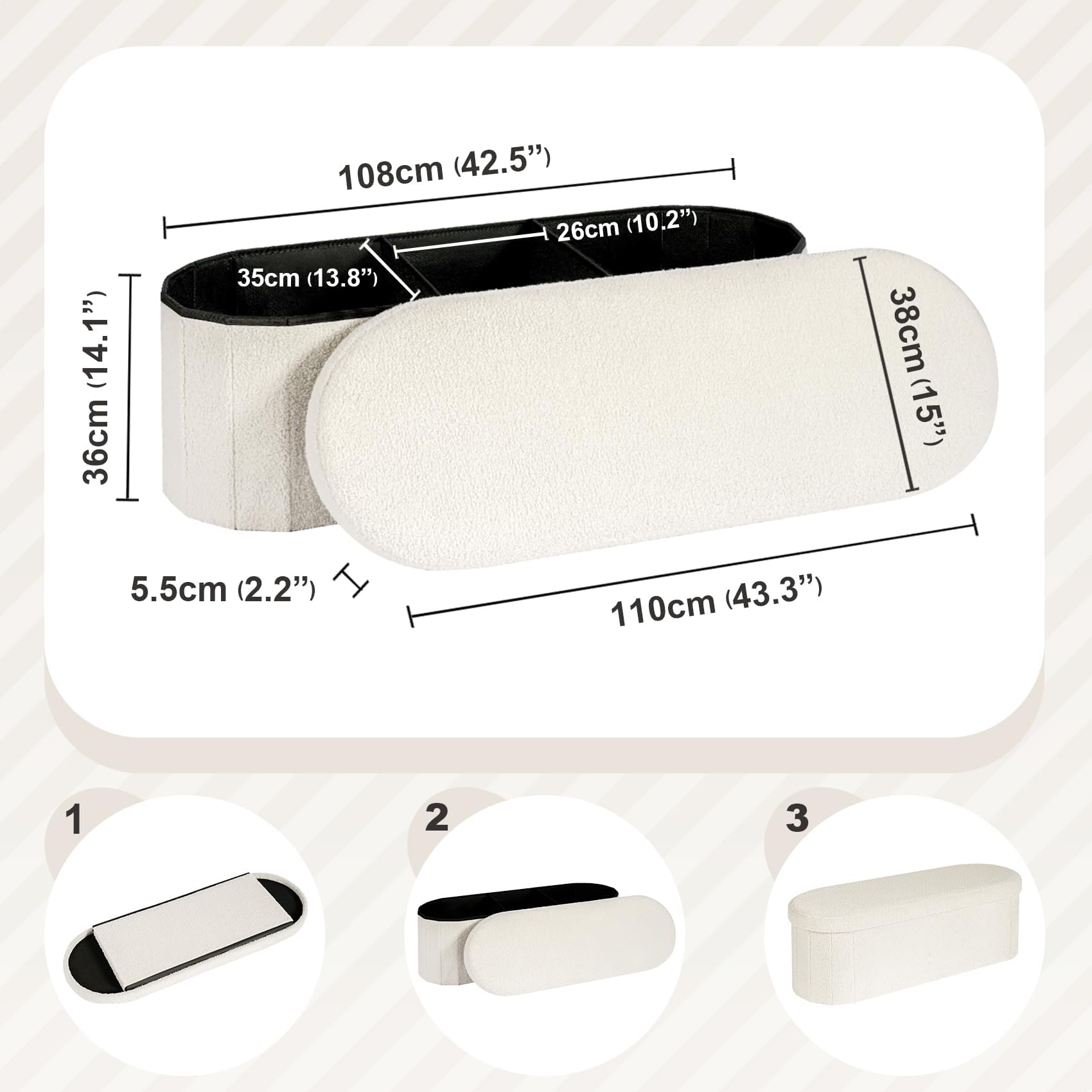 PINPLUS Sitzbank mit Stauraum, Ovales Design, 110x38x38cm, Cremeweiß