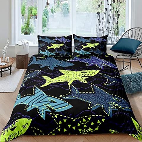 pour Enfants avec Housse de Couette et Requin Amusant pour Gar?ons et Enfants à Rayures Marines Bleu et Vert Créature Marine Lit Double Cover