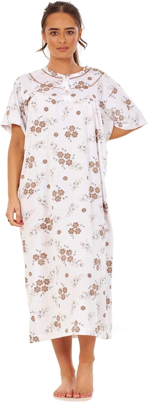 Apparel Women's Long Nightdress 100% Cotton Floral Button Short Sleeve Nightwear M to 3XL