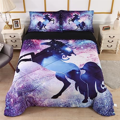 Wowelife Unicorn Bedding Sets for Girls 5-Piece Full, Premium Galaxy Unicorn Bed in a Bag, 3D Horse Comforter Set, Comfortable and Soft Kids Bedding Set