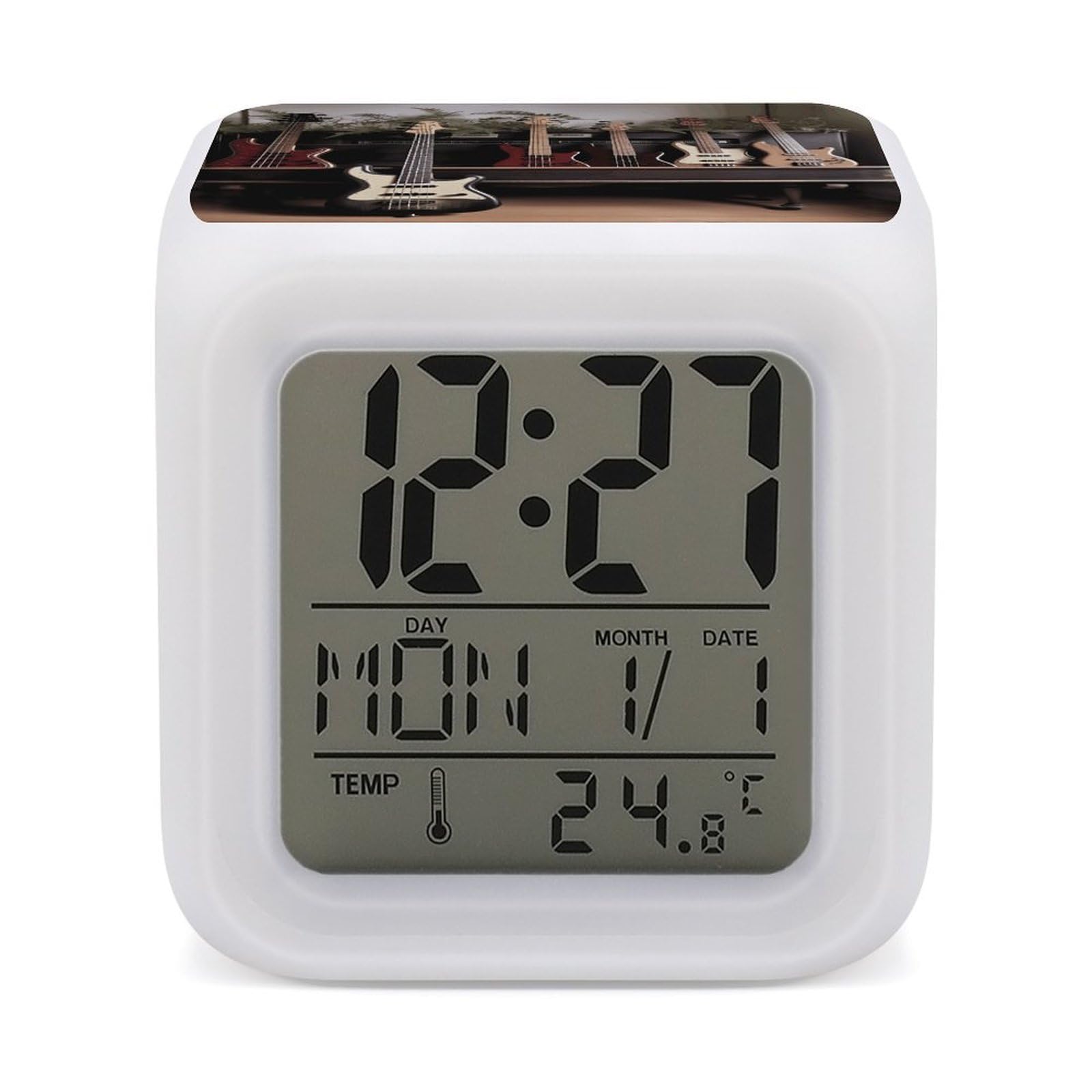 Guitar Bass Music Musical Instruments Alarm Clock with 7 Color Changing Night Light,Battery Operated Digital Clocks with Temperature Display Tiny Electric Clock LED Sleep Timer for Room Decor