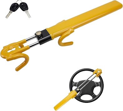 Steering Wheel Lock, Heavy Duty Vehicle Anti-Theft Device Security Lock, Double Hooks Car Steering Lock, Adjustable Length Locking Car Security Lock with 2 Keys for Enhanced Vehicle Protection
