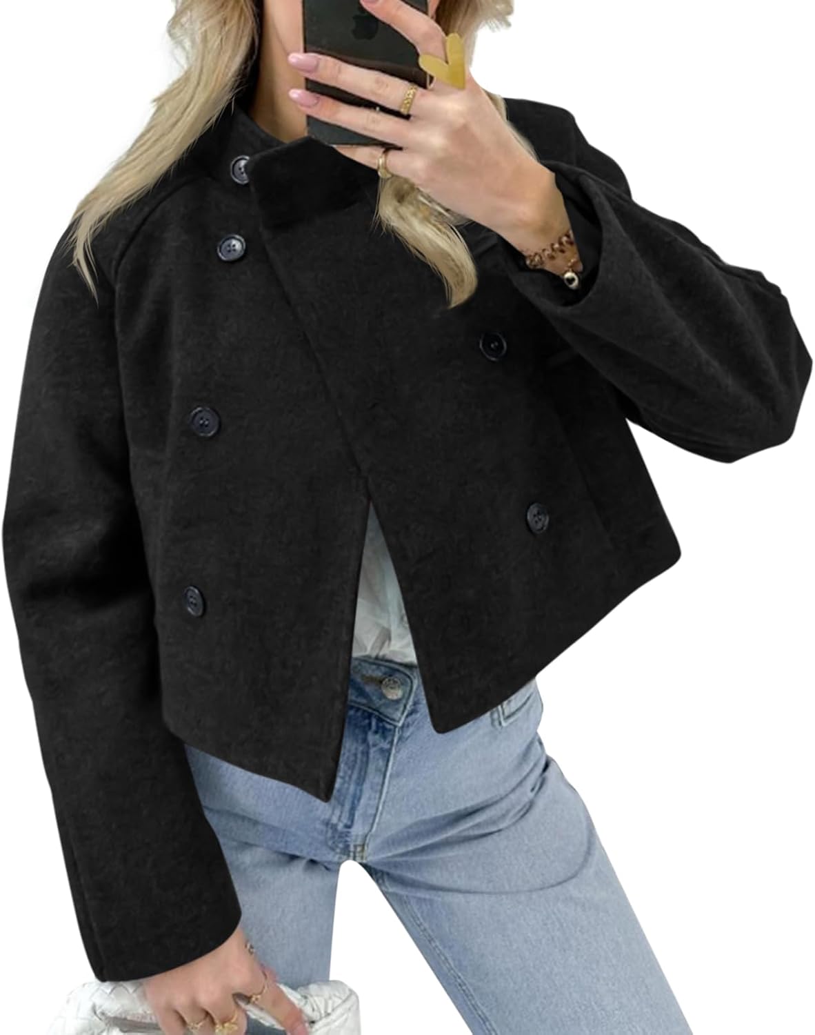 Cicy Bell Womens Cropped Pea Coat Casual Double Breasted Stand Collar Long Sleeve Fall Short Jackets Outwear
