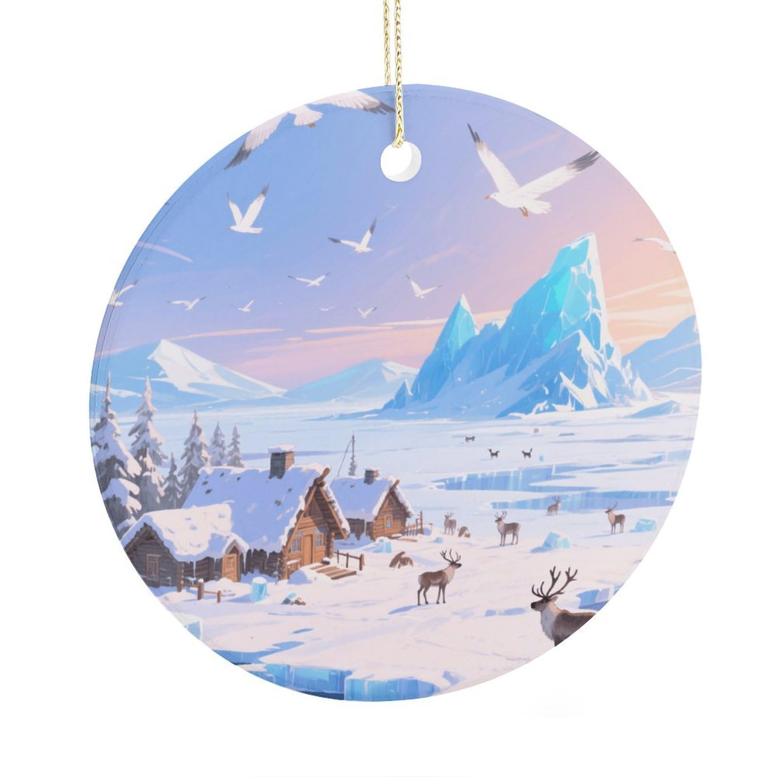 Fekiloot Style Ice Field Villages Christmas Ornaments 2.9 Inch Round Ceramic Ornament Keepsake Thank You Gifts For Office, Room, Home - Holiday Present Ideas