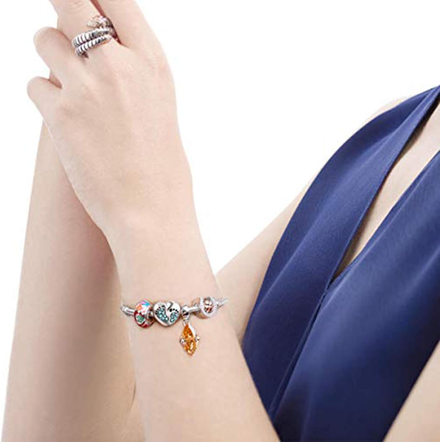 Footprint Heart Charm with October Birthstone for Pandora Mother Day Bracelets - 925 Sterling Silver Mom Love Daughter Pink Feet Beads - Image 5