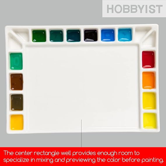 MEEDEN 18-Well Porcelain Artist Paint Palette, Mixing Art Ceramic Watercolor Paint Palette for Watercolor Gouache Acrylic Oil Painting, Rectangle 8 by 5-1/2-Inch