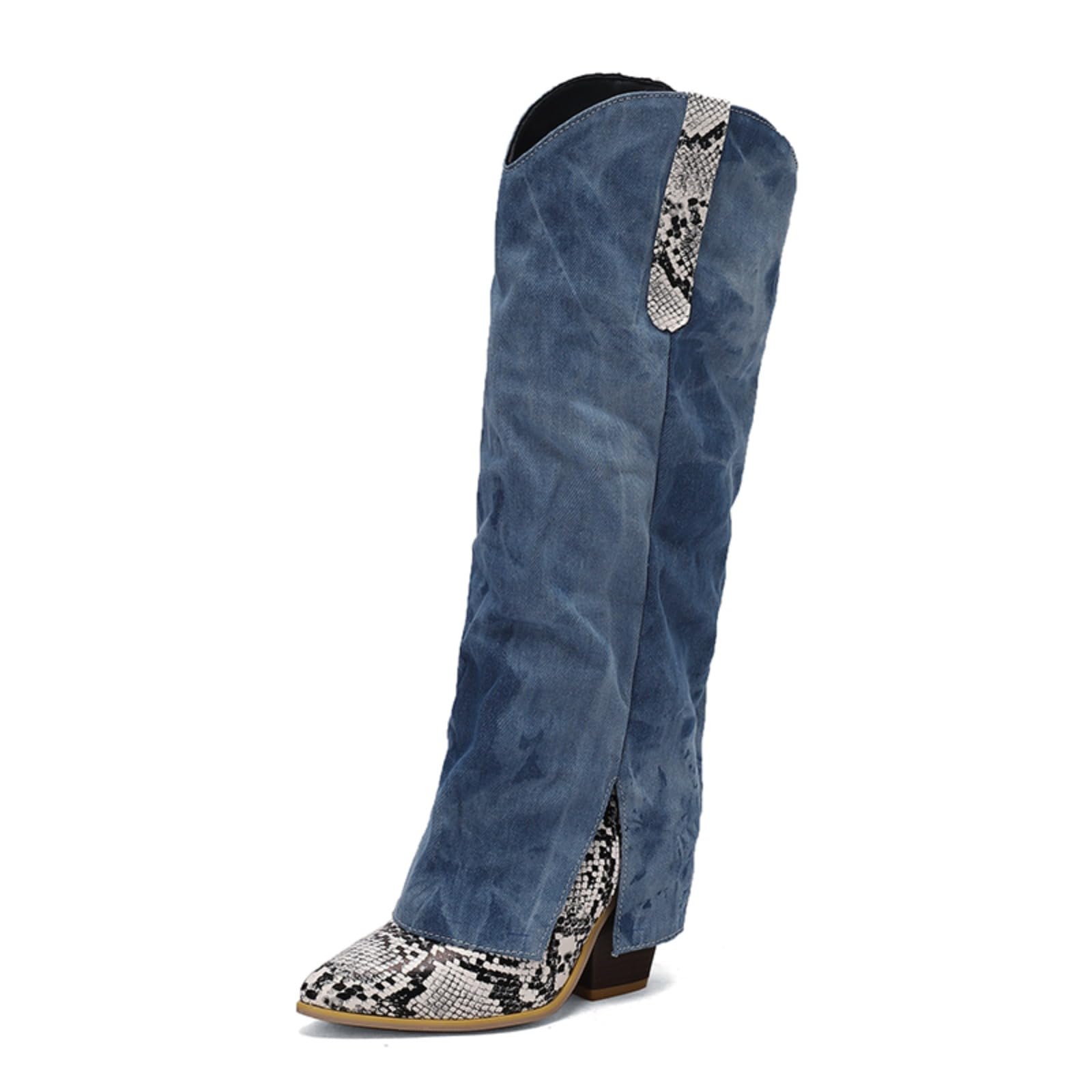 Aflngle Womens Denim Fold-Over Knee High Boots Pointed Toe Chunky Heel Block Tall Cowboy Cowgirl Boot Fashion Snakeskin