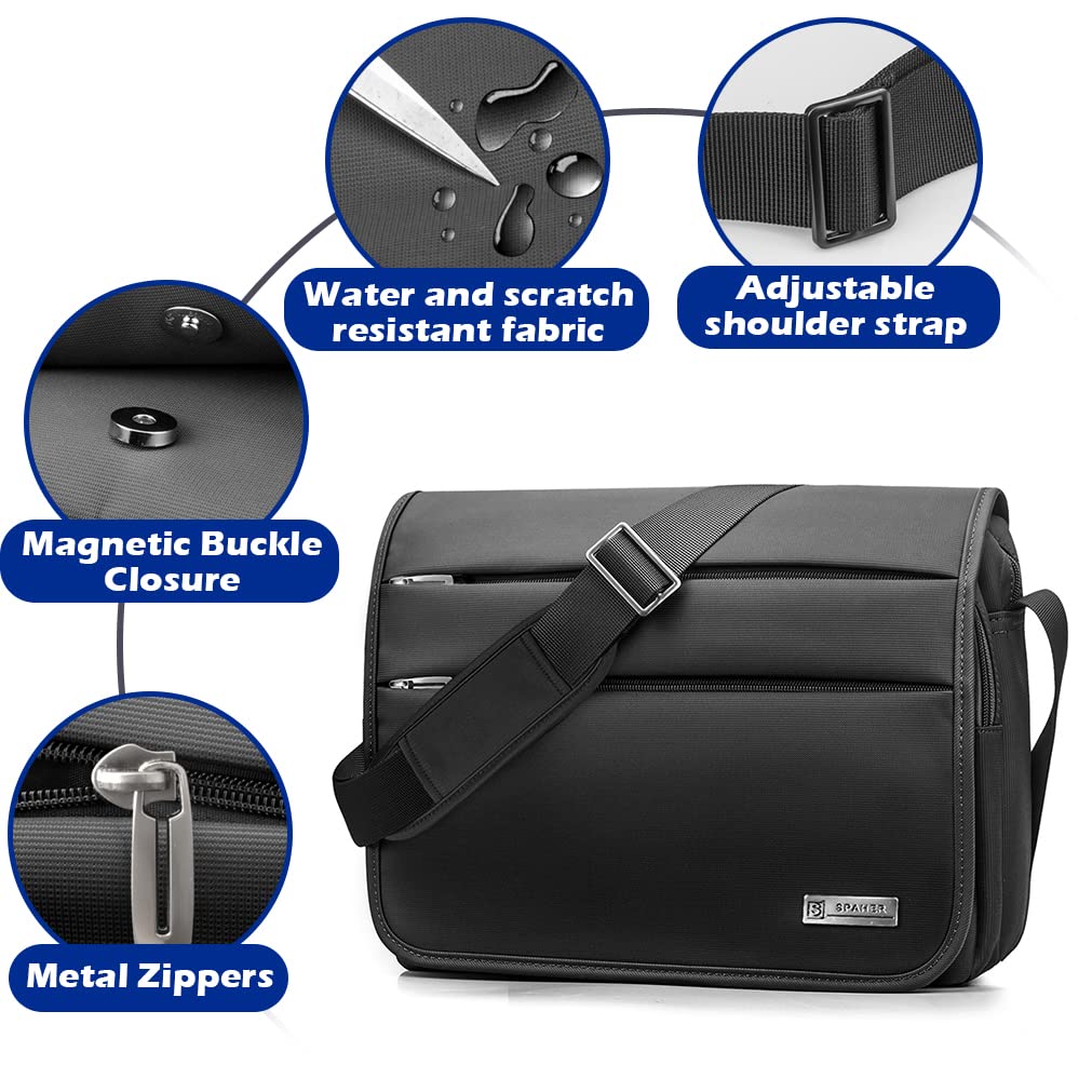SPAHER Bolsa Mensajero Hombre Bandoleras Hombre Bandolera Maletin Hombre 14 Pulgadas Porta Portatil Hombre Bolso de Hombro de Trabajo Oficina de Negocios Impermeable Regalo para Hombre Negro