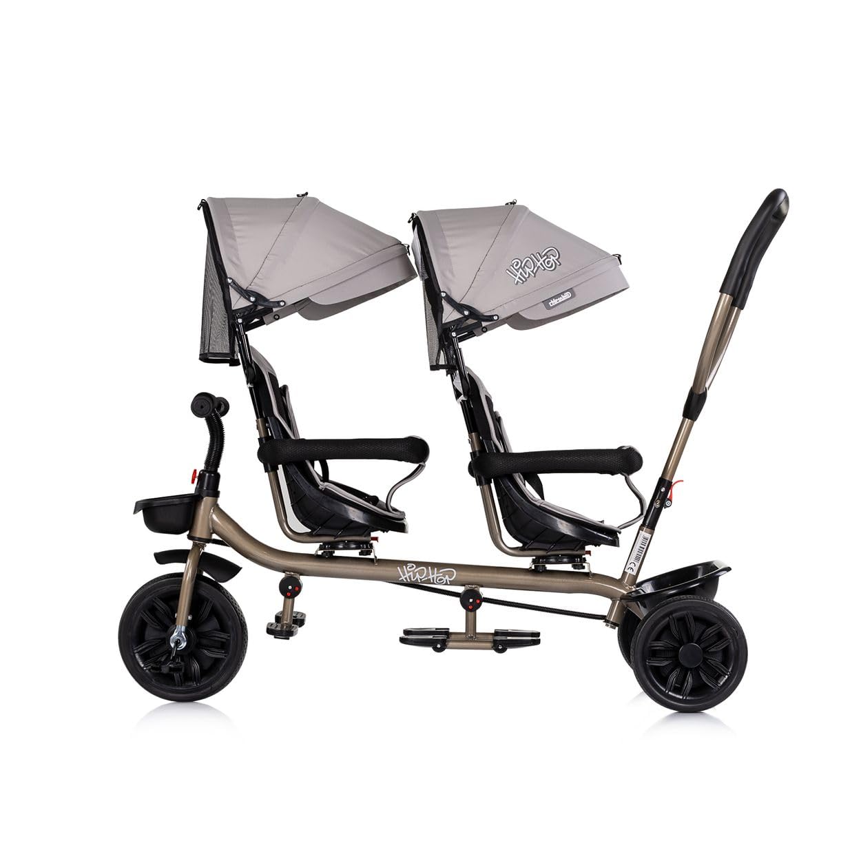 Chipolino Zwillingsdreirad Hip Hop, Zwei Kinder, bis 40 kg, Sitze 360° drehbar Hellbraun