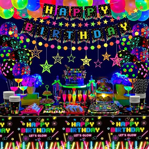 181 PCS Glow Neon Party Supplies Neon Glow Tableware Set Neon Balloon Glow in the Dark Birthday Banner Hanging Swirl Cake Toppers for Blacklight Party Decoration Serves 20
