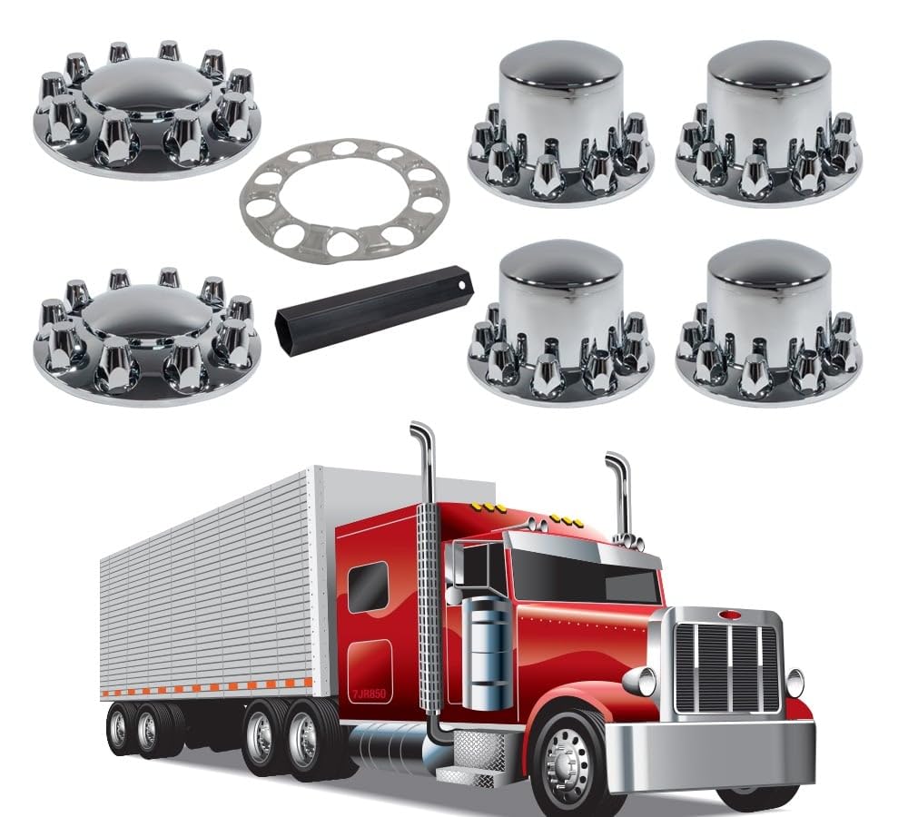 Mytee Products Complete Wheel Chrome Axle Cover Set - 33mm Threaded Lug Wheel Nut Covers for Semi Truck, Frightliner, Volvo - Removable Hub Caps Kit (2 Front & 4 Rear)