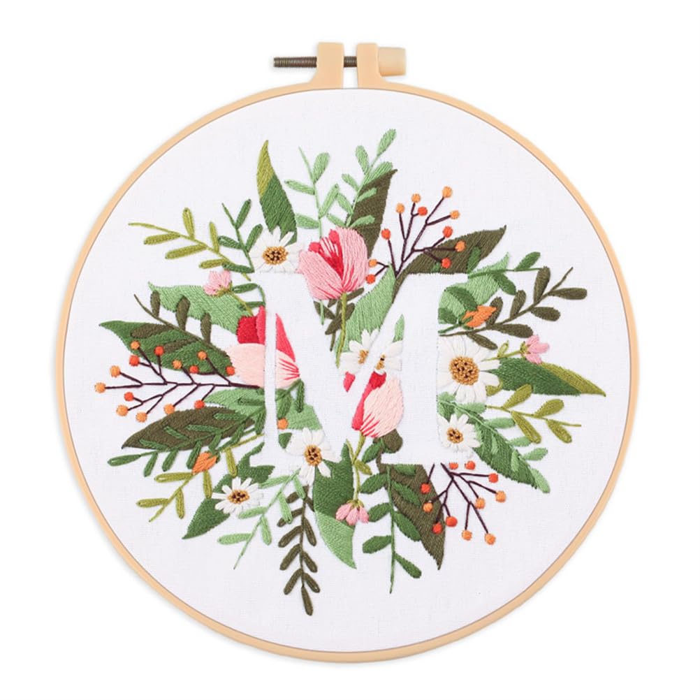 Meecaa Letter M Flower Leaves Plant M English Letters Embroidery Kit Starter Set, Hand Embroidery Set,Pattern Printed Cross Stitch Set For Beginner Adults, With Embroidery Hoop And Instructions (Letter M)