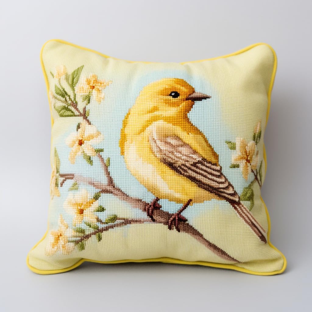 RKFLGEW Latch Hook Kits for Adults Beginners Yellow Bird On The Branch 17X17 in DIY Crochet Pillow Kit Pre-Printed Pillowcase Hook and Latch Rug Kits Needlework Cushion Cover for Home Sofa Decoratio