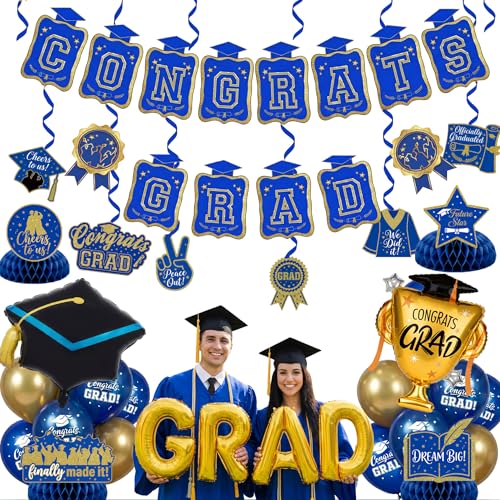 Image of Royal Blue and Gold Graduation Party Decorations 2026 - Class of 2026 Grad Balloons Garland Kit with Banner, Honeycomb Centerpieces, Hanging Swirls, Foil Trophy Balloons for Prom Senior Night