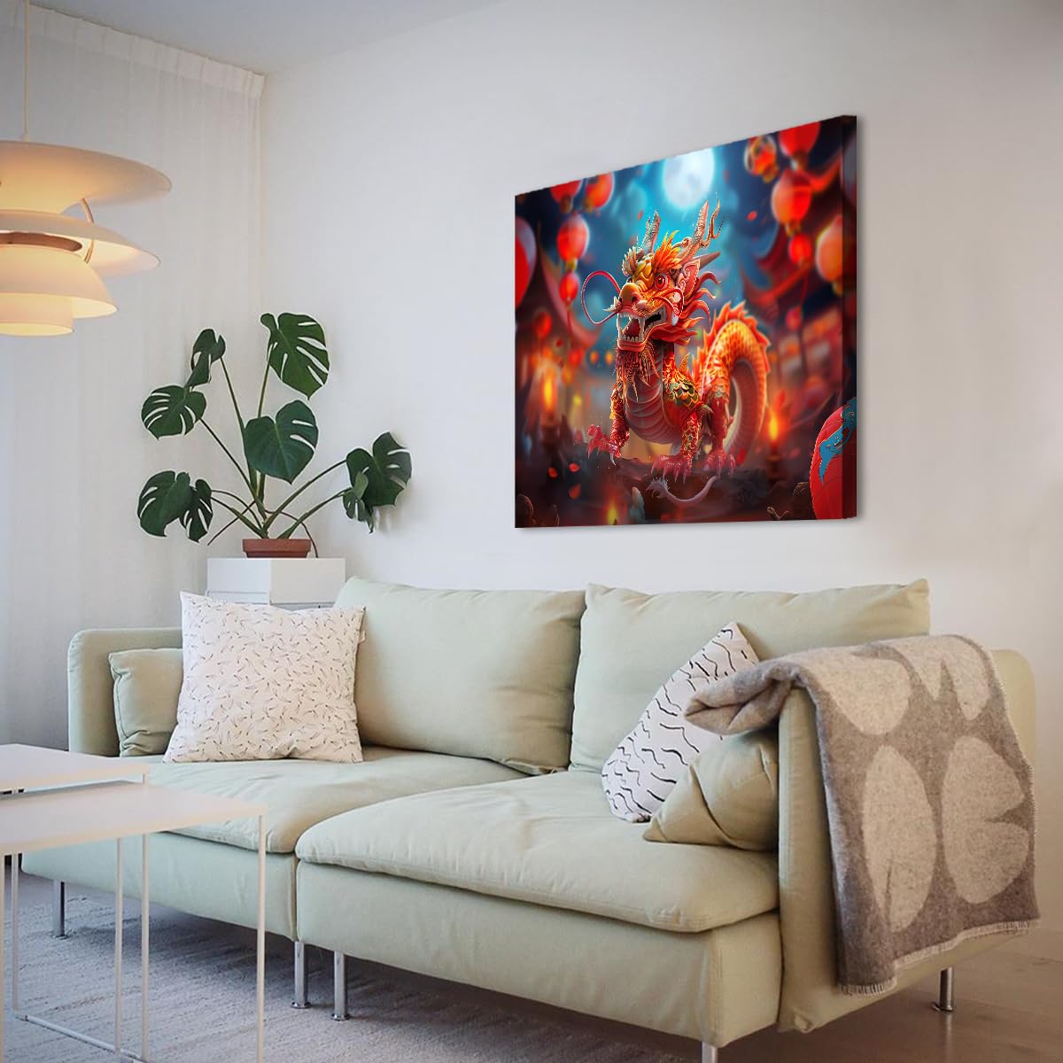 TOANGWALL Chiński smok sztuka ścienna obraz księżyca w pełni mityczne stworzenie oprawione pływające lampiony plakat do biura dekoracja sypialni 90x90cm