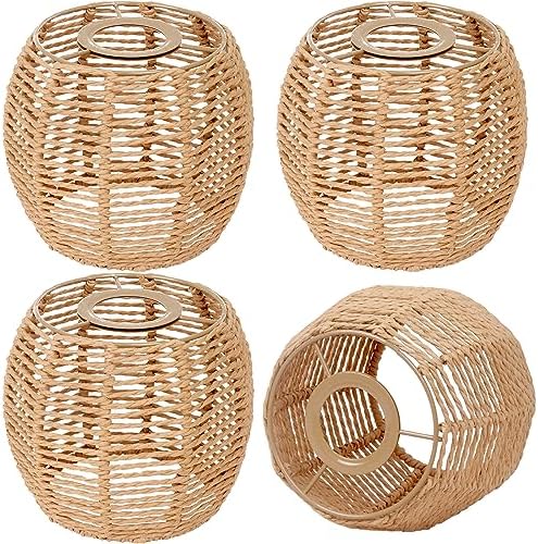 2-Pack Retro Rattan Lampshades - 6.3" Bell Shape Woven Wicker For Pendant & Table Lamps