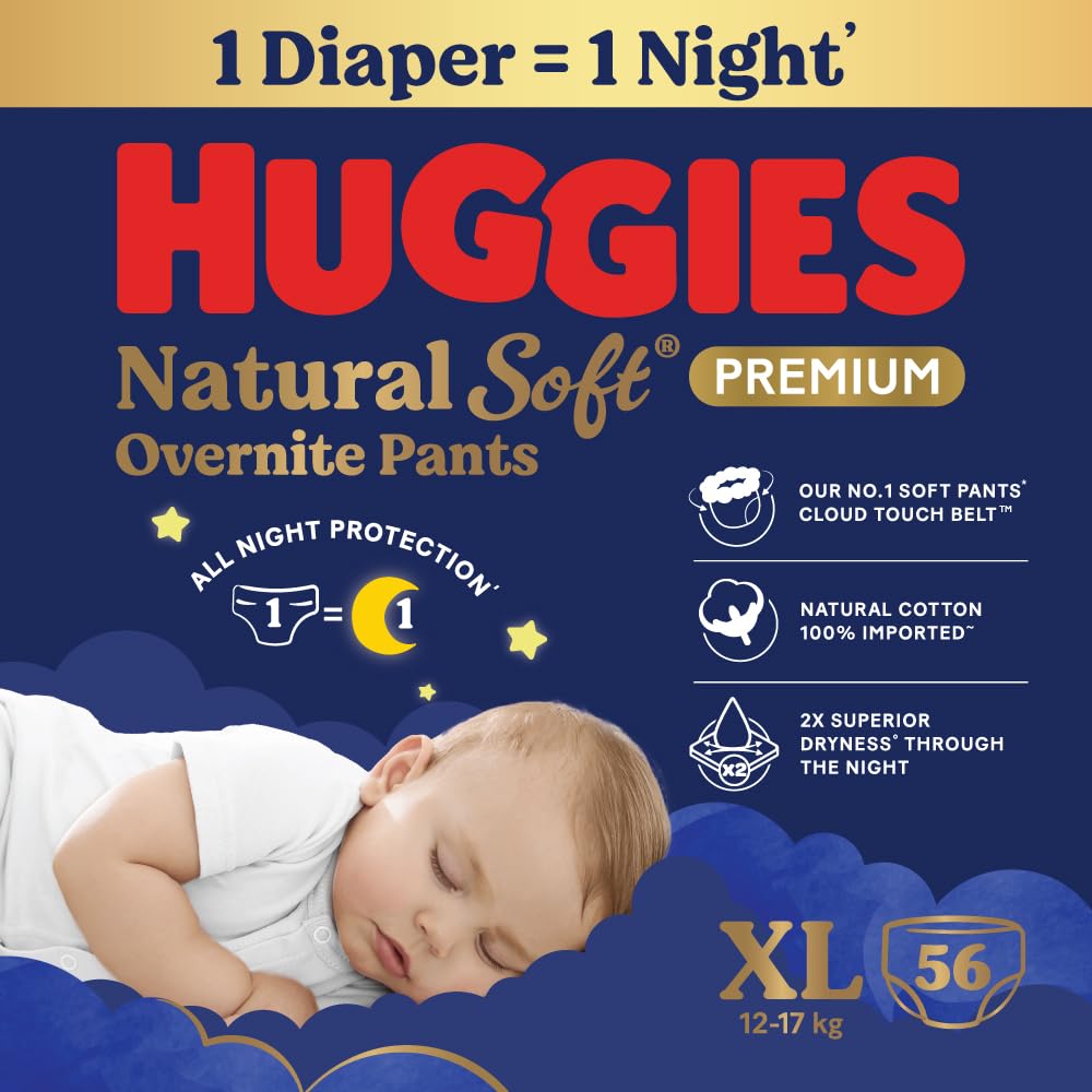 Huggies Natural Soft Overnite Diaper Pants| Premium Pant Style Baby Diapers Medium Size (XL Size | 12-17 Kgs), 28 count| Keeps baby dry all night with cloud softness all over (Pack of 2)