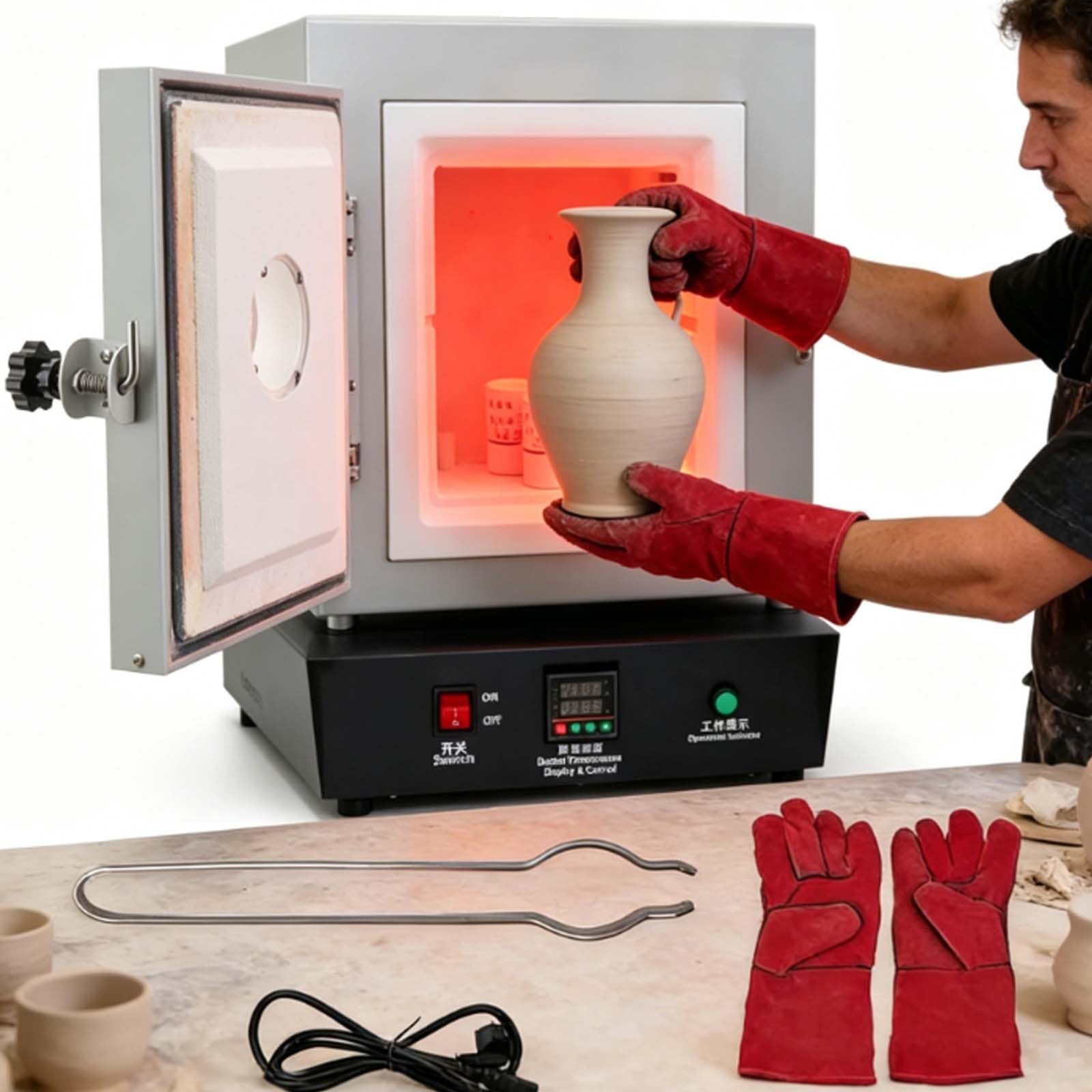 menglanchang Tabletop Electric Kiln, 1750W Jewelry Casting Burnout Furnace with Observation Window, 1150°C PID Muffle Oven for Wax Burnout, Pottery, Lab, Dental Work, Small Molds and Studio Use