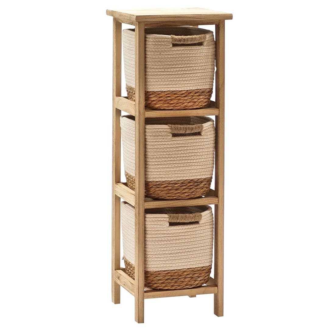 Cassettiera Comò Multiuso in Legno Naturale, Cassetti, Salvaspazio, per Bagno, Cucina e Sala, Uso Interno ed Esterno (3 ceste 25x25x77)