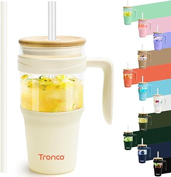 Tronco 32oz Glass Tumbler with Handle, Straw and Bamboo Lid, Fit in Cup Holder, Iced Coffee Smoothie Cup, BPA Free, Dishwasher Safe Cream