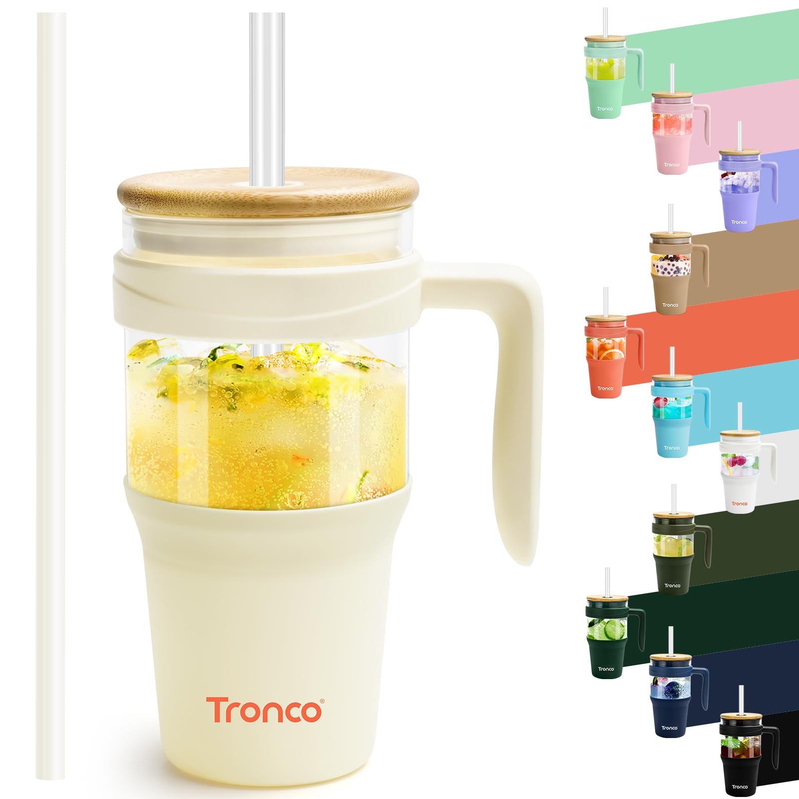 Tronco 32oz Glass Tumbler with Handle, Straw and Bamboo Lid, Fit in Cup Holder, Iced Coffee Smoothie Cup, BPA Free, Dishwasher Safe (Cream)