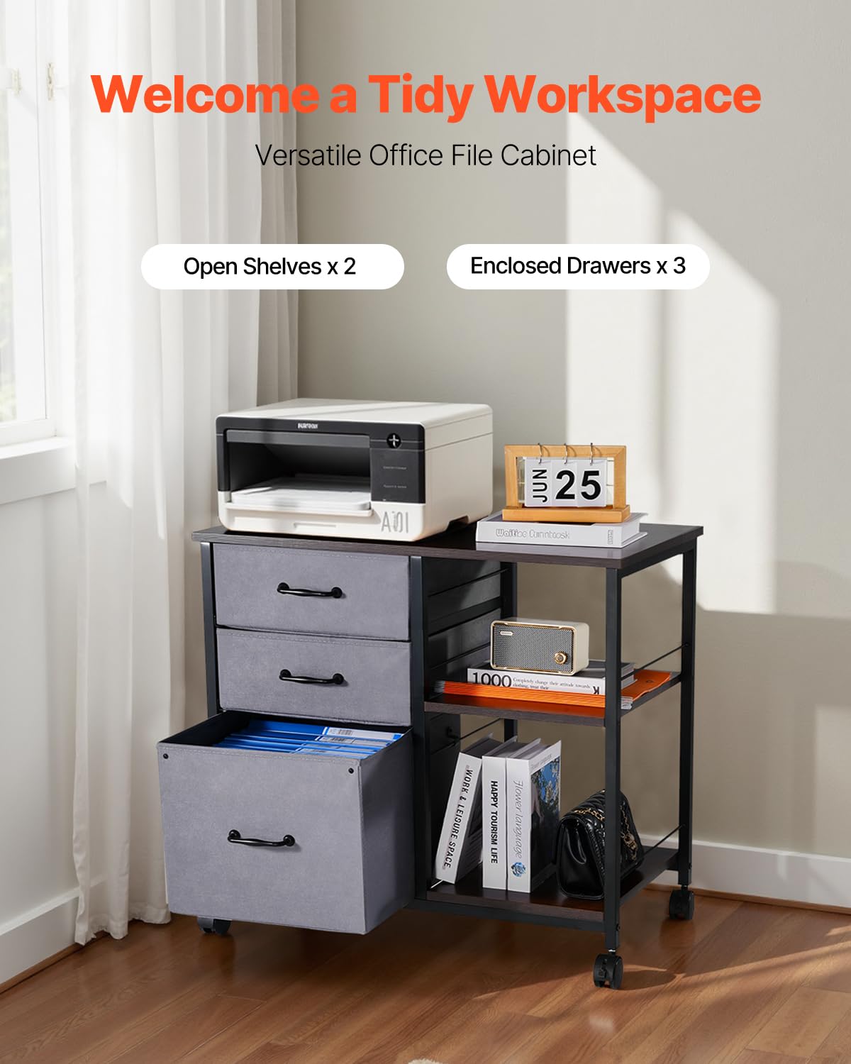 VEVOR Armoire de Bureau avec 3 Tiroirs en Tissu et 2 Étagères Ouvertes, Meuble Classeur Métallique Mobile, Caisson de Bureau pour Rangement Classement des Documents et Dossiers, Maison, Marron